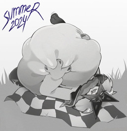 abdominal_bulge anthro bedding blanket female fondling_internal_bulge grass holding_belly lying on_back outside paws picnic plant solo tongue tongue_out vore voremaxx nintendo pokemon felid generation_9_pokemon mammal meowscarada pokemon_(species) 2024