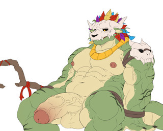 abs anthro areola balls biceps blush blush_lines bone bone_mask deltoids forearm_muscles foreskin genitals male mask muscular muscular_anthro muscular_male nipples pecs penis quads serratus simple_background skull skull_accessory skull_mask solo staff stocky tail trapezius triceps vein veiny_muscles veiny_penis white_background chobab_789 terraria witch_doctor_(terraria) lihzahrd lizard lizardman reptile scalie 5:4 absurd_res hi_res