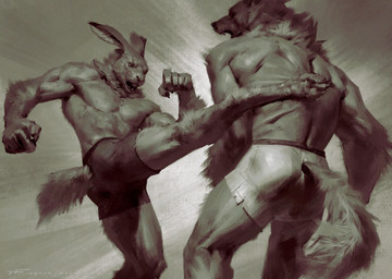 4_toes abs anthro bottomwear claws clothing cloud digitigrade duo feet fight fur kick male muscular muscular_anthro muscular_male neck_tuft nipples sharp_teeth shirtless tail teeth toes tuft violence taran_fiddler canid canine canis hare lagomorph leporid mammal werecreature wolf hi_res