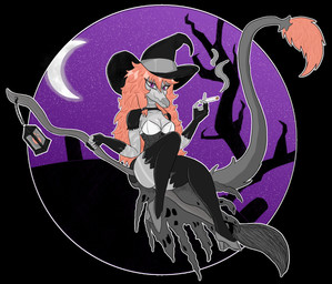 alternate_costume anthro biped black_clothing black_gloves black_handwear black_legwear black_thigh_highs breasts broom cigarette cleaning_tool clothed clothed_anthro clothed_female clothing crossgender feathered_tail feathers female fingerless_gloves fingers footwear front_view gloves hair handwear hat headgear headwear high_heels holding_cigarette holding_object holidays humanoid_hands lamp lantern legwear long_hair long_tail looking_at_viewer magic_user markings medium_breasts moon mtf_crossgender night non-mammal_breasts outline outside pink_body pink_feathers pink_hair plant plantigrade purple_eyes shoes sitting sky smile smoke smoking smoking_cigarette solo striped_markings stripes tail thigh_highs tree white_outline witch witch_costume witch_hat gothgator0 goodbye_volcano_high halloween ko_op_(game_developer) reed_(gvh) reeda dinosaur dromaeosaurid prehistoric_species reptile saurischian scalie theropod velociraptor 2024 absurd_res colored full-length_portrait hi_res portrait