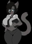 anthro belt big_breasts black_body black_fur black_hair blue_eyes bottomwear breasts clothed clothing curvy_figure female fingers fully_clothed fur hair midriff necktie open_mouth pants polo_shirt ring_binder shirt simple_background solo standing tail topwear voluptuous skidd monique_bellemare_(lildredre) domestic_cat felid feline felis mammal 2019 absurd_res alpha_channel digital_media_(artwork) hi_res