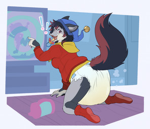 ageplay all_fours anthro bell big_diaper black_hair black_nails black_nose black_tail blue_clothing blue_hat blue_headwear blue_nightcap blush blush_lines bodily_fluids border clothed clothing cloud_emanata colored_nails container cup detailed_background diaper diaper_puff electronics emanata exclamation_point female floor footwear fur genital_fluids gesture grey_body grey_ears grey_fur grey_inner_ear_fluff hair hand_gesture hat headgear headwear highlights_(coloring) hoodie hypnosis hypnotic_screen inner_ear_fluff looking_at_viewer looking_back looking_back_at_viewer mind_control nails nightcap object_in_mouth pacifier pacifier_in_mouth pointing red_clothing red_footwear red_highlights red_hoodie red_socks red_tail red_topwear roleplay sippy_cup socks solo spiral spiral_eyes tail tan_body tan_fur television topwear tuft two_tone_tail unclean_diaper urine used_diaper wearing_diaper wet_diaper white_border wood wood_floor bubblepuppers zeydaan canid canine canis mammal wolf full-length_portrait hi_res portrait