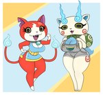 2_tails anthro big_breasts black_eyes breasts clothing collar crossgender dress duo female mtf_crossgender multi_tail overalls red_body tail thick_thighs white_body urusee584 asian_mythology east_asian_mythology japanese_mythology level-5 mythology yo-kai_watch jibanyan komasan canid canine canis domestic_cat domestic_dog felid feline felis foo_dog komainu mammal spirit yokai hi_res