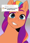 blue_eyes caption female hair multicolored_hair orange_body rainbow_hair solo text aztrial hasbro mlp_g5 my_little_pony posey_(g5) sunny_starscout_(mlp) earth_pony equid equine horse mammal pony absurd_res english_text hi_res portrait