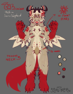 anthro antlers blood bodily_fluids facial_piercing furgonomic_piercing furgonomics horn long_tail male mastectomy_scar muzzle_piercing nipple_piercing nipples nose_piercing piercing protruding_teeth pubes raccoon_tail_hair scar solo tail text white_body wings 50caliberz cal_(50caliberz) berger_blanc_suisse canid canine canis domestic_dog herding_dog mammal pastoral_dog english_text hi_res model_sheet trans_(lore) trans_man_(lore)