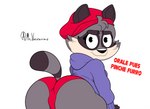 big_butt bottomwear butt clothing female fur hat headgear headwear looking_at_viewer pants solo sweater text topwear white_body white_fur mr_valentine00 youtube miko's_trash_can mammal procyonid raccoon absurd_res hi_res translation_request