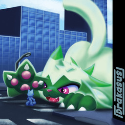 ambiguous_gender anthro city city_background claws duo fangs fur green_body green_fur imminent_vore macro paws size_difference street teeth drakasus nintendo pokemon felid feline floragato generation_9_pokemon mammal pokemon_(species) 1:1