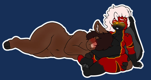 blue_eyes chibi duo_focus eyebrow_piercing facial_piercing group hair head_on_belly larger_male lying_on_another male piercing size_difference slime smaller_male solo_focus sticker text white_hair cherryterror jack_the_mimic goo_creature lagomorph mammal mimic 2025 english_text hi_res