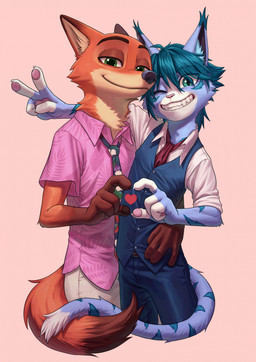 anthro bottomwear clothed clothing duo fingers fur gesture hair half-closed_eyes hand_gesture looking_at_viewer male narrowed_eyes necktie one_eye_closed pants shirt simple_background smile standing tail teeth topwear v_sign wink nyeong disney zootopia nick_wilde canid canine canis domestic_cat felid feline felis fox mammal red_fox true_fox digital_media_(artwork) hi_res
