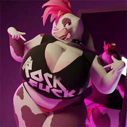 alternative_fashion anthro big_breasts bouncing_breasts breasts clothed clothing collar female huge_breasts hyper hyper_breasts markings mirror multicolored_body obese obese_anthro obese_female overweight overweight_anthro overweight_female punk smile solo spots spotted_body text text_on_clothing tongue tongue_out two_tone_body underwear bagelcollector ribby_(character) bovid bovine cattle mammal 1:1 3d_(artwork) 3d_animation animated digital_media_(artwork) low_res