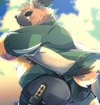 anthro big_butt bottomwear brown_body brown_fur butt clothing embarrassed eyebrows fur looking_back male musclegut muscular scar shorts solo thick_eyebrows tight_clothing topknot boar_stag144 lifewonders tokyo_afterschool_summoners yasuyori_(tas) canid canine canis domestic_dog mammal hi_res