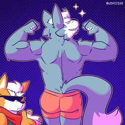 anthro biceps blue_background clothed clothing dotted_background duo eyebrows eyes_closed eyewear flexing fur gesture hair kerchief male muscular muscular_anthro muscular_male neckerchief neckwear pattern_background rear_view shirt simple_background smile standing star sunglasses tank_top teeth text topless topless_anthro topless_male topwear tuft underwear fizzyjay nintendo star_fox fox_mccloud wolf_o'donnell canid canine canis fox mammal wolf 1:1 2022 hi_res meme url