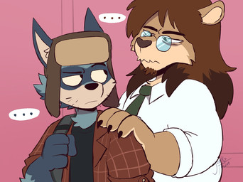 anthro blue_body blue_fur clothed clothing duo ellipsis eye_contact eyewear fully_clothed fur glasses hair hand_on_another's_shoulder hand_on_shoulder hat headgear headwear long_hair looking_at_another male narrowed_eyes necktie pink_background round_glasses simple_background student teacher teacher_and_student trapper_hat ushanka wearing_glasses junkztown professor_barley_(junkztown) rico_(junkztown) felid lion mammal pantherine procyonid raccoon hi_res