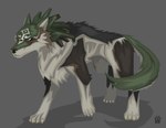 black_body black_fur blue_eyes brown_body brown_fur claws countershading digitigrade feral fur green_body green_fur grey_background male quadruped simple_background solo tail white_body white_fur wolfdawg nintendo the_legend_of_zelda link_(wolf_form) canid canine canis mammal wolf 2017 full-length_portrait portrait