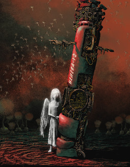 ambiguous_gender clothed clothing detailed_background dress feathered_wings feathers hair horror_(theme) machine not_furry science_fiction solo standing text wings wire plastiboo godhusk angel angel_humanoid humanoid mammal digital_media_(artwork) hi_res