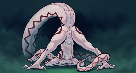 anthro ass_up claws featureless_chest female flat_chested genitals long_tail looking_at_viewer looking_back looking_back_at_viewer red_eyes scales smile solo tail tail_anus thick_tail vulva white_body white_scales mitery22 yussa_(mitery22) african_viper gaboon_viper reptile scalie snake viper yuan-ti_abomination hi_res