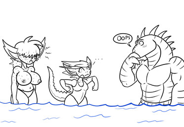 anthro breasts clothing female group male nipples playing swimwear text trio water tibbs mythology baku_(tibbs) betty_(tibbs) star_(tibbs) bat dragon mammal mythological_creature mythological_scalie reptile scalie comic hi_res