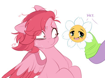 blush bodily_fluids disembodied_hand duo eyelashes feathered_wings feathers female feral nervous pink_body pink_eyes puppet purple_body sweat tuft wings higglytownhero hasbro mlp_g5 my_little_pony mythology izzy_moonbow_(mlp) windy_(mlp) equid equine mammal mythological_creature mythological_equine pegasus 2022 digital_media_(artwork)