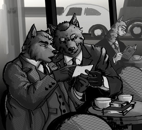 beverage book car chair clothing coffee coffee_mug coffee_shop eyewear furniture glasses gloves group handwear male male/male paper suit table trio vehicle jameslewis g_jamez alpaca camelid canid canine canis humanoid mammal wolf black_and_white hi_res monochrome