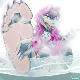 5_toes against_surface anthro breasts claws colored_nails convenient_censorship feet female foot_focus foot_on_glass glass hair humanoid_feet looking_at_viewer nails nude on_glass partially_submerged pink_hair plantigrade sharp_teeth soles solo teeth toe_claws toes wet wet_hair 3rdharleyjoe bellgrey_(redfeathers) aquatic fish shark 1:1 2026 hi_res