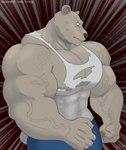 abs anthro big_biceps big_muscles bottomwear brown_body claws clothed clothing flexing huge_muscles male muscular muscular_anthro muscular_arms muscular_male pants pecs shirt simple_background solo tank_top topwear torn_clothing torn_topwear vein veiny_muscles jabuhusky beastars riz_(beastars) bear mammal 2024 hi_res signature