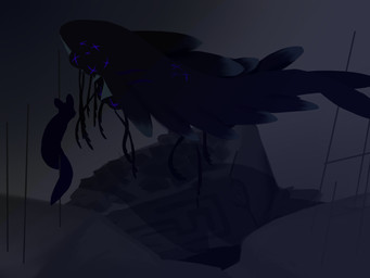 ambiguous_gender black_body climbing ears_up flying ruins sky skyscape cycletail rain_world videocult fan_character watcher_(rain_world) daddy_long_legs_(rain_world) rot_(rain_world) sky_whale_(rain_world) slugcat 4:3 hi_res shaded simple_shading