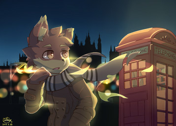 anthro booth booth_(structure) clothing fur grey_body grey_fur jacket looking_back male night open_mouth outside phone_booth scarf solo topwear united_kingdom lokey canid canine canis mammal wolf 2015