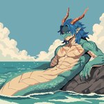 2_horns abs anthro blue_eyebrows blue_hair claws cloud countershading day eyebrows finger_claws fingers front_view hair heterochromia horn legless lounging male male_anthro muscular muscular_anthro muscular_male navel nude_anthro nude_male outside partially_submerged pecs rock sea sky solo three-quarter_view water cloakofwit marine 2025 digital_media_(artwork) pixel_(artwork) portrait three-quarter_portrait