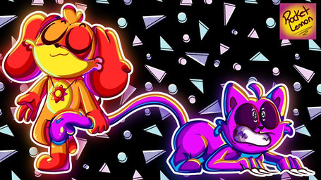 anthro claws duo male orange_body purple_body smile tail tail_grab rocketlennon mob_entertainment poppy_playtime smiling_critters catnap_(poppy_playtime) dogday_(poppy_playtime) canid canine canis domestic_cat domestic_dog felid feline felis mammal 16:9 widescreen