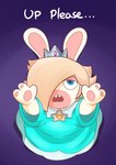 3_fingers anthro bangs blonde_hair blue_background blue_clothing blue_dress blue_eyes clothed clothed_anthro clothed_female clothing crown dialogue dress ear_piercing female female_anthro fingers frown fur hair hair_over_eye hand_pawpads headgear light long_hair multicolored_body noseless open_frown open_mouth pawpads piercing raised_arms requesting simple_background solo talking_to_viewer tan_body tan_eyelids tan_inner_ear tan_pawpads tan_skin text two_tone_body white_body white_fur cookieboy011 mario_plus_rabbids_sparks_of_hope raving_rabbids rayman_(series) ubisoft rabbid_rosalina lagomorph mammal rabbid 2023 colored digital_drawing_(artwork) digital_media_(artwork) english_description english_text lighting shaded