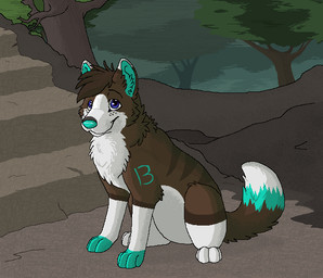 ambiguous_gender blue_body blue_eyes blue_fur blue_inner_ear blue_nose brown_body brown_fur brown_hair detailed_background digitigrade eyebrows feral feral_with_hair freckles fur hair number number_markings outside paws plant sitting smile smile_lines snout solo stairs tail tree white_body white_fur sebdoggo canid canine canis domestic_dog husky mammal nordic_sled_dog spitz 2013 aliasing cel_shading digital_drawing_(artwork) digital_media_(artwork) microsoft_paint_(artwork) shaded