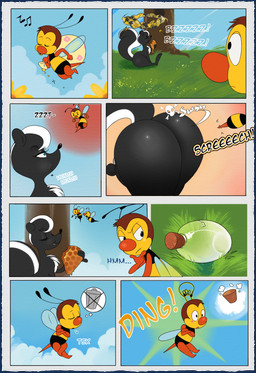 ambiguous_gender antennae_(anatomy) anthro big_butt black_body black_fur blush butt cork duo_focus female feral fluffy fluffy_tail food fur group honey_(food) idea_bulb insect_wings male presenting presenting_hindquarters raised_tail sound_effects stinger swarm tail text white_body white_fur wings fridaysaturdaysunday disney lilac_le_fleur spike_the_bee arthropod bee hymenopteran insect mammal mephitid skunk absurd_res comic hi_res