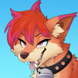 ambiguous_form bell bell_collar black_collar blue_background bodily_fluids brown_eyebrows collar drooling eyebrows eyelashes fangs female freckled_face freckles fur hair inner_ear_fluff multicolored_hair open_mouth orange_body orange_fur pink_eyes pink_hair pupils red_hair saliva short_hair simple_background slit_pupils snout solo tan_body tan_fur teeth tuft two_tone_hair feve canid canine mammal 1:1 colored digital_drawing_(artwork) digital_media_(artwork) hi_res shaded