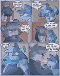 6_panel_comic ?! ambiguous_gender american_opossum animate_inanimate annoyed anthro bazz_(spicykiwi) big_ears black_bottomwear black_clothing black_nose black_shorts blue_body blue_clothing blue_pawpads blue_tail blue_topwear bottomwear clothing comic curled_tail curled_up dialogue door doorknob duo edgar_(spicykiwi) english_text eye_contact eyewear fangs fetal_pose fur glasses grey_body grey_fur grey_hair hair hi_res holding_object holding_plushie hoodie living_plushie looking_at_another male mammal marsupial neck_tuft nervous open_mouth pawpads pink_tail plushie rat_tail shorts sitting sitting_on_ground size_difference smug speech_bubble spicykiwi standing surprise tail tail_motion tailwag teeth text topwear tuft virginia_opossum