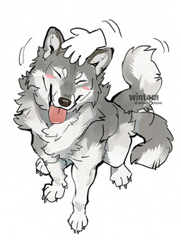 ambiguous_gender claws eyes_closed feral fur grey_body grey_fur hand_on_head happy headpat monotone_background motion_lines multicolored_body multicolored_fur offscreen_character paws petting simple_background solo tail tail_motion tailwag text tongue tongue_out two_tone_body two_tone_fur white_background white_body white_fur wintom canid canine canis mammal wolf artist_name digital_drawing_(artwork) digital_media_(artwork)