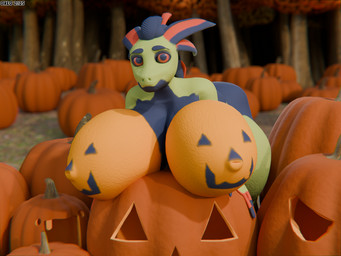anthro big_breasts bodypaint breasts curvy_figure female food fruit huge_breasts hyper hyper_breasts jack-o'-lantern multicolored_body nude nude_anthro nude_female outside plant pumpkin pumpkin_patch solo tree voluptuous greg_(artist) olive_(greg) avali 3d_(artwork) 4:3 blender_(artwork) blender_cycles_(artwork) chromatic_aberration digital_media_(artwork) hi_res