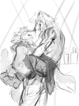 anthro anthro_on_anthro arm_tuft clothed clothing duo ear_piercing ear_ring elbow_tuft eyes_closed grin hair holding_another male male/male nose_to_nose open_mouth open_smile piercing ring_piercing short_hair side_view smile tuft solaxe_(artist) canid canine mammal 3:4 hi_res monochrome sketch