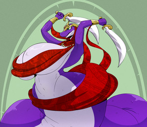 anthro apode big_breasts breasts cleavage clothed clothing curvy_figure fangs female headgear headwear holding_melee_weapon holding_object holding_sword holding_weapon legless melee_weapon open_mouth scales serpentine solo sword teeth weapon wide_hips reagan700 alexis_(reagan700) draconcopode naga scalie 2025 hi_res