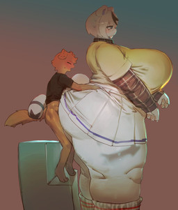 anthro biped bottomwear breasts butt clothed clothing duo female female_penetrated larger_female male male/female male_penetrating miniskirt obese obese_female overweight overweight_female penetration penile penile_penetration sex side_view simple_background size_difference skirt smaller_male thick_thighs topwear utterangle domestic_cat felid feline felis mammal hi_res