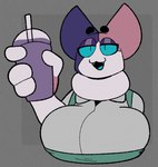 anthro beverage big_breasts blue_sclera breasts clothed clothing female holding_beverage holding_object looking_at_viewer solo srgreja_(artist) grimace_shake mcdonald's phebe_(srgreja) domestic_cat felid feline felis mammal hi_res meme