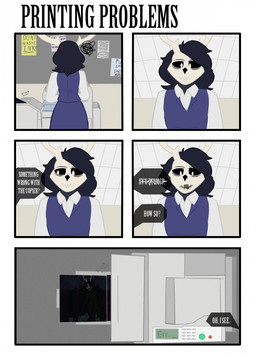 anthro black_hair bone clothed clothing cross-popping_vein dialogue emanata eye_bags female frustrated frustration_cloud hair office offscreen_character photocopier skull skull_head solo text suitedwolfie american_mythology indigenous_north_american_mythology mythology north_american_mythology wendigo character_cipher comic english_text hi_res