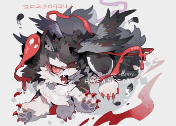 4_wings ambiguous_gender black_body black_feathers black_fur black_loose_feather black_wings claws countershade_face countershade_fur countershade_legs countershade_torso countershading eye_scar eyebrows facial_scar fangs feathered_wings feathers feral fur furrowed_eyebrows grey_body grey_feathers grey_loose_feather grey_pawpads grey_pupils grey_sclera grey_wings head_scar loose_feather multi_wing open_mouth pawpads paws pupils red_claws red_eyes red_scar scar simple_background solo teeth text toe_claws tongue_showing white_background white_eyebrows wings dg_jia canid canine canis mammal wolf 2023 dated digital_drawing_(artwork) digital_media_(artwork) english_text hi_res