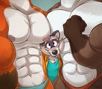 abs anthro areola biceps biped clothed clothing flexing flexing_bicep fur group larger_anthro larger_male male muscular muscular_anthro muscular_male navel nipples pecs simple_background size_difference smaller_anthro smaller_male smile trio underwear teaselbone cooner_(cooner) canid canine canis fox mammal procyonid raccoon wolf