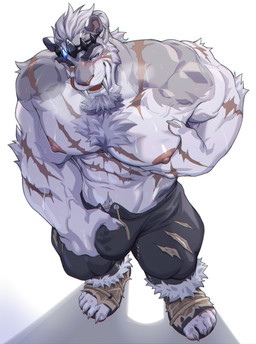 anthro arm_scar arm_tuft beard blush bodily_fluids body_hair breath bulge bulge_grab chest_hair chest_scar chest_tuft clothed clothing crown elbow_tuft facial_hair facial_scar front_view fur grabbing_chest grey_body grey_fur hair headgear high-angle_view licking licking_lips licking_own_lips looking_at_viewer looking_pleasured male muscular muscular_anthro muscular_male presenting pubes pubes_exposed purple_eyes scar scars_all_over self_grope solo standing sweat teasing teasing_viewer tongue tongue_out topless topless_anthro topless_male tuft vein white_body white_fur estper anothereidos_of_dragon_vein_r ivar_(anothereidos_r) felid mammal pantherine tiger 2025 hi_res