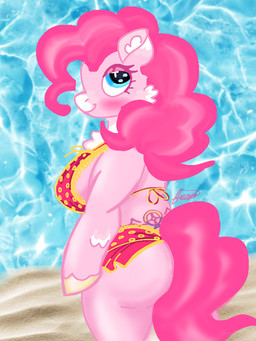 beach bikini bikini_top breasts butt clothing female overweight side_boob swimwear tattoo thick_thighs tramp_stamp two-piece_swimsuit wide_hips fennofinnec friendship_is_magic hasbro my_little_pony pinkie_pie_(mlp) equid equine horse mammal pony 3:4