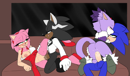 anthro blush bodily_fluids breasts clothed clothing dress ears_down eye_contact female footwear genitals group group_sex hair hand_on_butt hero high_heels looking_at_another looking_pleasured male male/female nipples partially_clothed penetration penis pivoted_ears ponytail princess raised_leg royalty sex shoes simple_background suit sweat vaginal vaginal_penetration ki0nyxie sega sonic_the_hedgehog_(series) amy_rose blaze_the_cat fan_character keiph_the_tenrec sonic_the_hedgehog afrosoricid domestic_cat eulipotyphlan felid feline felis hedgehog mammal tenrec