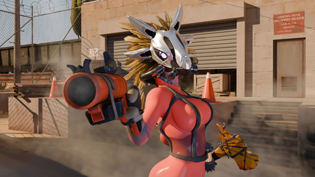 3_fingers anthro armor axe barbed_wire big_breasts blood blood_on_object blood_on_weapon bodily_fluids bodysuit breasts building claws clothing explosives face_covered faceless feather_hair feathered_crest feathers female finger_claws fingers fire_axe flare_gun gas_mask glowing glowing_eyes grenade gun harness head_crest headgear helmet holding_axe holding_gun holding_object holding_ranged_weapon holding_weapon incendiary_grenade latex latex_bodysuit latex_clothing latex_skinsuit mask nipple_outline non-mammal_breasts outside pink_eyes pointing_gun_at_viewer pseudo_hair ranged_weapon sign skinsuit smoking_gun solo text tight_clothing traffic_cone weapon wearing_mask yellow_body yellow_feathers synca pickle_juice_(modeler) halo_(series) microsoft team_fortress_2 valve xbox_game_studios pyro_(team_fortress_2) syn_cah alien avian kig-yar scalie t'vaoan 16:9 3d_(artwork) digital_media_(artwork) english_text hi_res widescreen