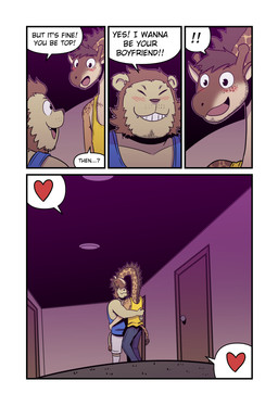 anthro blue_clothing blue_shirt blue_topwear blush bottomwear brown_body brown_hair brown_mane clothed clothing dialogue duo excited exclamation_point eye_contact four_frame_image hair happy heart_symbol hug inside long_neck looking_at_another love male male/male mane pants shirt smile speech_bubble standing tail tail_tuft tank_top text topwear tuft yellow_body yellow_clothing yellow_shirt yellow_topwear t0l0k andrew_(t0l0k) scott_(t0l0k) felid giraffe giraffid lion mammal pantherine comic english_text hi_res multiple_scenes