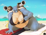 anthro areola beach big_breasts blue_body bra bra_pull breasts claws clothed clothing clothing_pull exposed_breasts eyewear female glasses huge_breasts nipples outside sand seaside shell sky solo sunglasses swimwear tan_areola tan_body tan_nipples thick_thighs topwear towel underwear underwear_pull water blackfox85 nintendo pokemon blastoise generation_1_pokemon pokemon_(species) hi_res