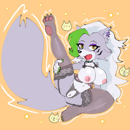 anthro areola big_breasts big_tail black_nose breasts cheek_tuft clothing collar colored_nails crotchless_clothing crotchless_panties crotchless_underwear ear_piercing eyelashes eyeshadow facial_markings facial_tuft feet female front_view fur genitals green_highlights green_nails grey_body grey_clothing grey_fur grey_legwear grey_lingerie grey_panties grey_stockings grey_underwear hair head_markings highlights_(coloring) legwear lingerie long_hair looking_at_viewer makeup markings nails navel nipples open_mouth orange_background panties pawpads piercing pink_areola pink_nipples purple_eyeshadow raised_leg simple_background snaggle_tooth solo stockings studded_collar studs tail thick_thighs tuft underwear vulva white_hair wide_hips yellow_eyes mawstrife five_nights_at_freddy's five_nights_at_freddy's:_security_breach scottgames steel_wool_studios roxanne_wolf canid canine canis mammal wolf 1:1 absurd_res hi_res